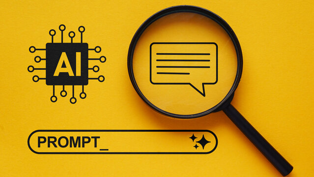 AI assistant prompt concept with magnifying glass analyzing text input, chatbot communication, prompt engineering, artificial intelligence assistant, language model interaction and digital automation