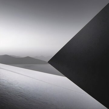 a grainy black and white photo of an empty, drained swimming pool with cracked tiles and stark, moody shadows