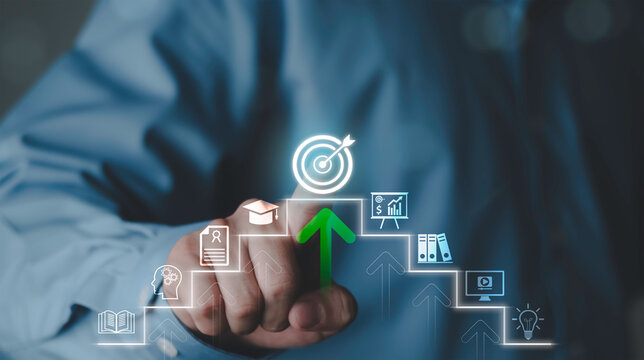 Career growth, education, and success path. Concept of goal achievement, progress, learning, and professional development. Businessman hand pointing at target icon on step ladder interface.