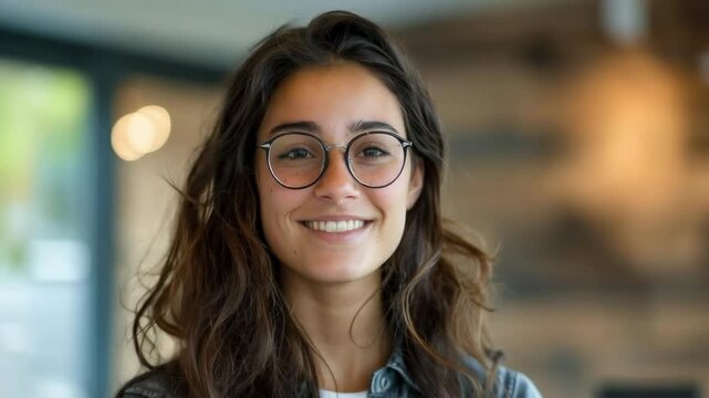 A portrait of a smiling girl wearing glasses provides a friendly visual backdrop for lifestyle blogs and professional profiles.
