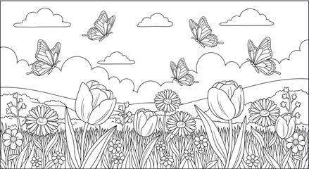Spring landscape with butterflies and blooming flowers coloring page © Akter