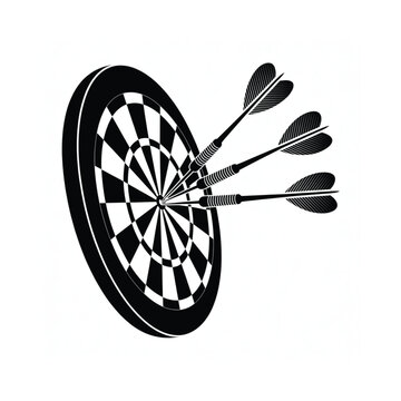 Black and white dartboard with three darts hitting the bullseye