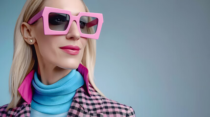 Naklejka premium Blonde woman wearing stylish oversized pink sunglasses