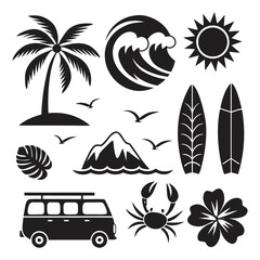 Obraz premium vector silhouette illustration featuring tropical beach and surf lifestyle icons, including palm trees, ocean waves, surfboards, van, mountains, sun, birds, crab, flamingo, and hibiscus flowers,