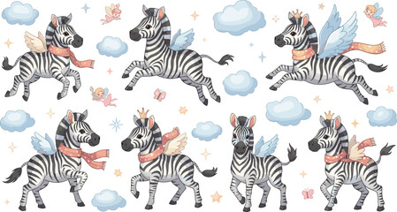 Cute flying zebra collection with wings, scarves, clouds and stars in magical fantasy cartoon style vector illustration set © EdGe Creative
