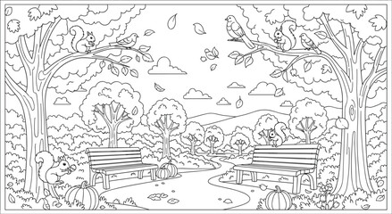 Obraz premium Autumn park scene with squirrels, birds, benches and pumpkins