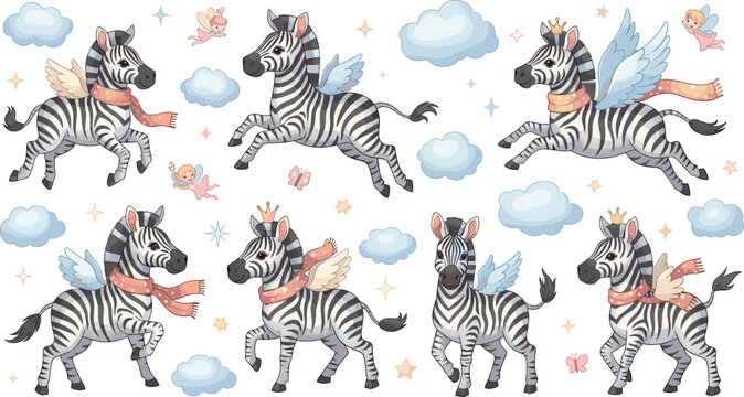 Cute flying zebra collection with wings, scarves, clouds and stars in magical fantasy cartoon style vector illustration set