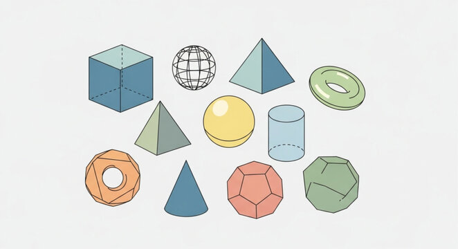 Collection of Geometric Shapes - Cube, Sphere, Pyramid, Cylinder, Cone, Torus.