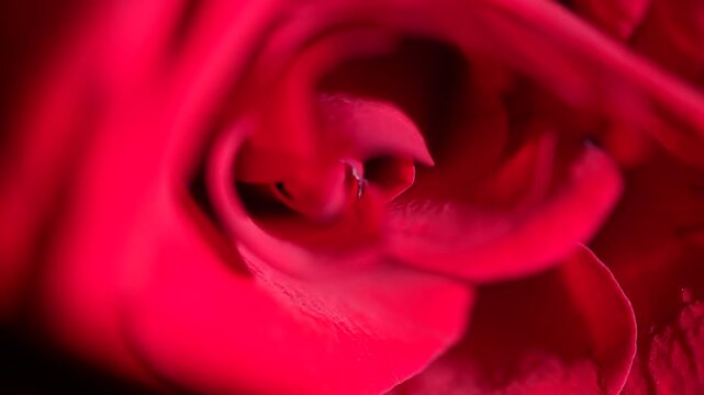 Abstract swirling deep red rose petals in extreme close-up macro motion footage