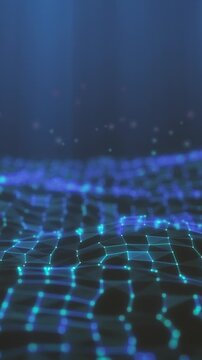 abstract grid animation with particles and lights, loop ready, vertical video (3d render)