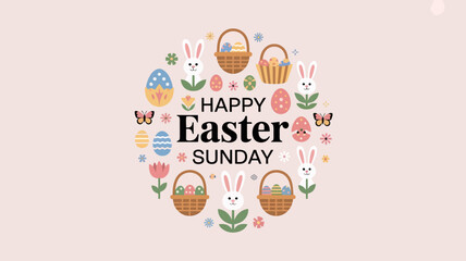 Obraz premium Happy easter sunday with bunnies baskets and colorful decorated eggs illustration