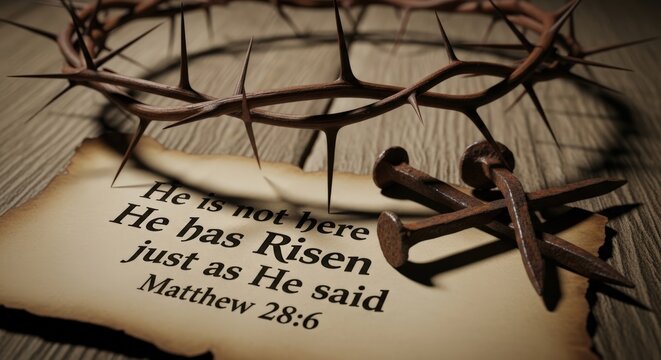 Crown of thorns with nails and scripture quote &ldquo;He is not here He has Risen Matthew 28:6&rdquo;