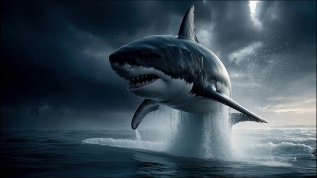 4K video footage of great white shark breaching ocean surface with dramatic stormy sky, powerful slow-motion marine wildlife clip.