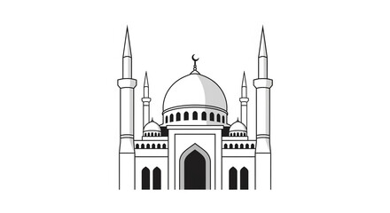 Fototapeta premium Minimalist black and white vector illustration of a mosque facade with a large central dome and two minarets, isolated on white.