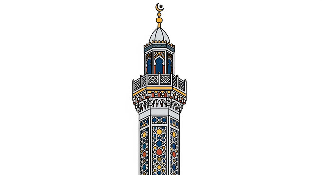 Vertical vector illustration focusing on a single decorated mosque minaret with geometric patterns and golden crescent moon.