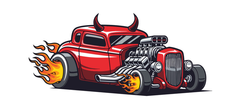 Cartoon red classic car with flames and devil horns on black background