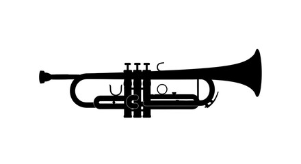 Naklejka premium Black silhouette of a trumpet against a white background showcasing its detailed structure and valves
