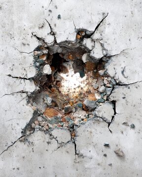 A close-up view of a bullet hole in a concrete wall. The impact has caused cracks and fragmentation around the hole. The texture of the concrete is rough and weathered