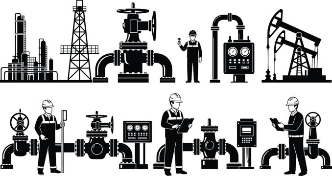 Vector set of oil and gas industry silhouettes featuring workers, pipelines, oil rigs, refinery towers, and industrial valves for energy production designs