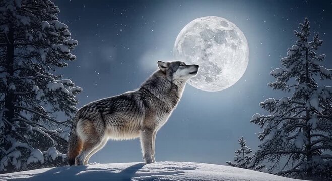 wolf howling at the full moon in a snowy night forest