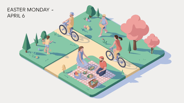 Isometric illustration depicting a family enjoying easter monday in a park setting