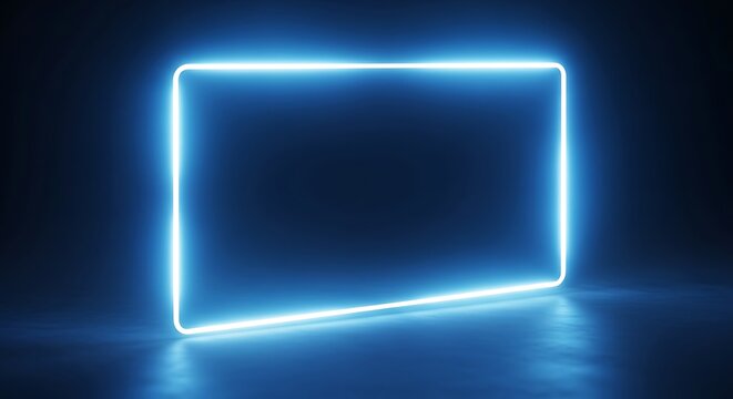 Futuristic Neon Rectangle Frame Glowing in Dark Reflective Room.