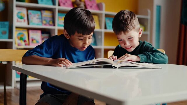Schoolchildren sitting at desk, collaboratively reading book and pointing at pages, showing engagement and shared learning experience in classroom environment