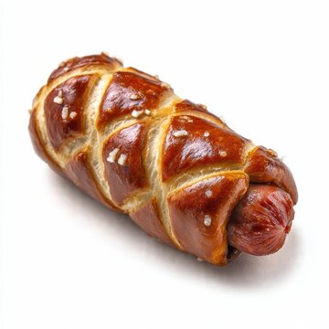 A single appetizing pretzel dog sausage wrapped in soft pretzel dough with coarse salt, isolated on a white background, perfect for snack or street food concept.