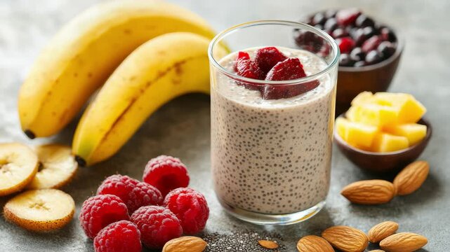 Fresh fruit and chia pudding arrangement with berries and nuts for health and wellness