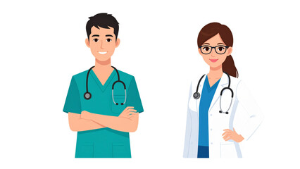 Fototapeta premium Smiling healthcare professionals doctors nurses and paramedics in medical uniforms with stethoscopes flat vector illustration isolated transparent background