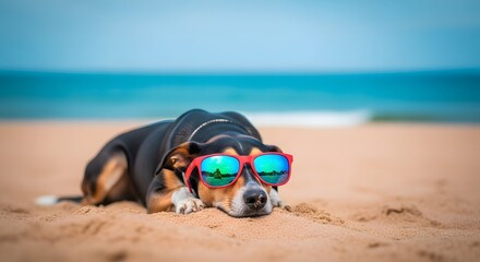 A dog wearing sunglasses lies on the sandy beach with the ocean in the background on a sunny day with a blurred view