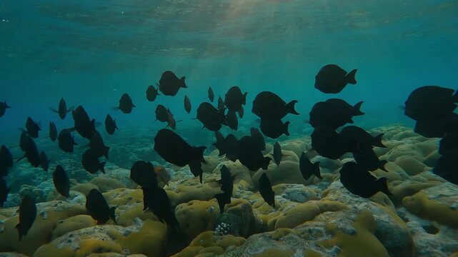 Close up of the outline of a school of Brown Surgeonfish, Acanthurus nigrofuscus, swimming over flat-top on a shallow coral reef in the last rays of the setting sun in the back light. 