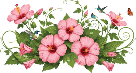 Pink hibiscus floral arrangement vector illustration with lush leaves hummingbirds butterflies and tropical garden composition design © EdGe Creative