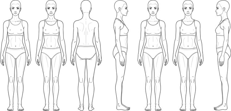 Female fashion technical drawing template featuring front back and side views of body croquis for apparel design tech packs and garment development.