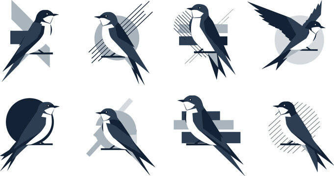 Geometric swallow bird vector set with modern abstract shapes minimal wildlife design and stylish flying bird illustration