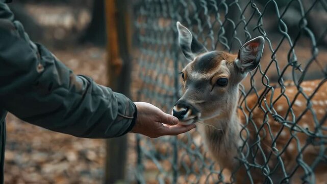 A human hand feeds a fawn through the mesh of the enclosure, highlighting the issue of animal captivity and setting an emotional tone for animal welfare campaigns.
