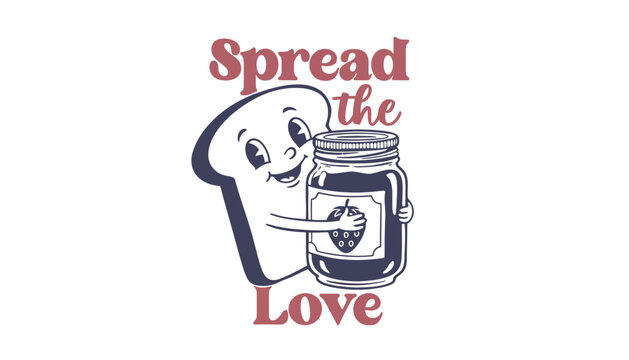 A cartoon bread slice holding a jar of jam with a smiling face