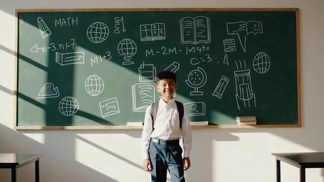 Elementary school student wearing uniform and backpack smiles at camera while standing in front of a chalkboard with math equations and drawings in a brightly lit classroom