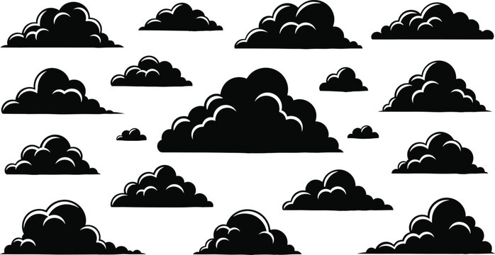 Collection of black cloud silhouettes in various shapes and sizes for weather forecasting nature design elements and sky atmosphere illustration set
