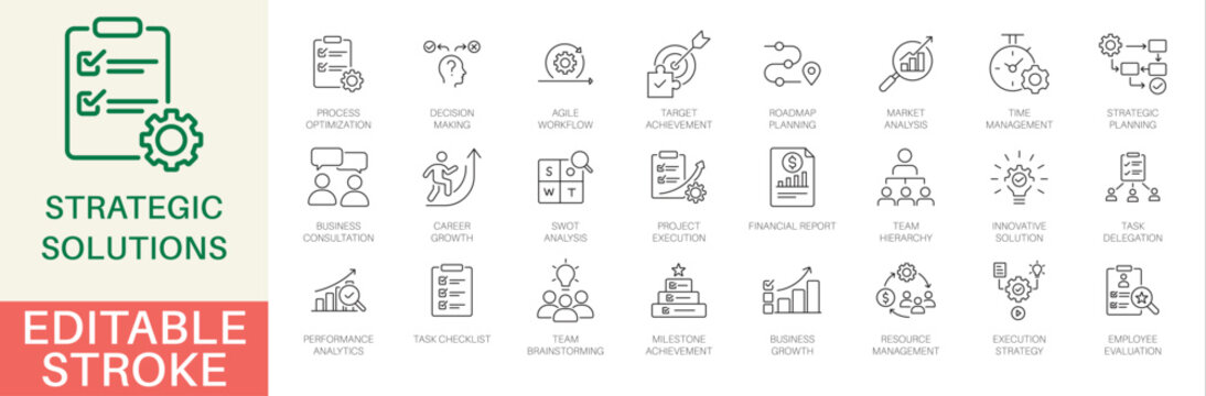 Strategic Solutions and Business Planning line icon set. Includes symbols for Agile Workflow, SWOT Analysis, Roadmap, and Analytics. Editable stroke vector icons for management.