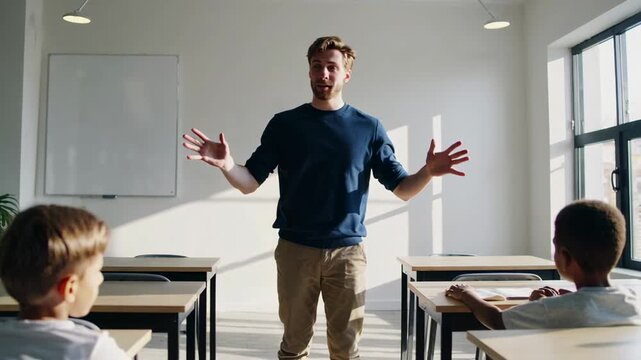 Inside a classroom, a passionate teacher engages elementary school students with an energetic and interactive lesson, fostering a positive learning environment