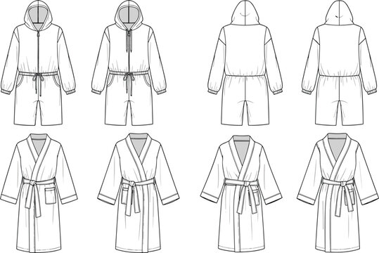Fashion technical sketch of hooded jumpsuits and bathrobes vector set with front and back views for apparel design and manufacturing templates.