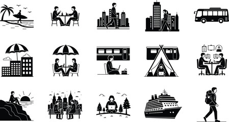 Fototapeta premium Outdoor Camping Adventure Silhouette Set Featuring People Hiking Fishing Cooking Over Campfire Relaxing in Chairs and Setting Up Tents Under Night Stars