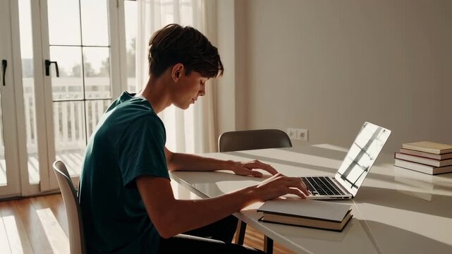 Focused high school student working diligently on laptop near window, surrounded by study materials with natural light and positive learning attitude
