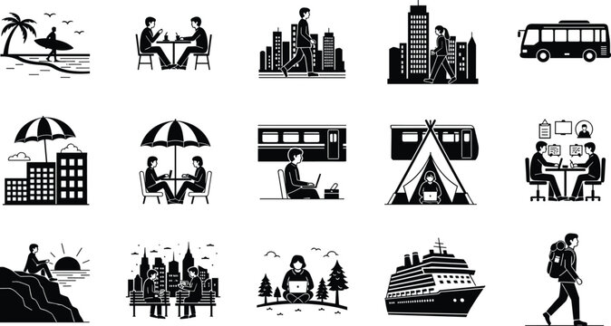 Outdoor Camping Adventure Silhouette Set Featuring People Hiking Fishing Cooking Over Campfire Relaxing in Chairs and Setting Up Tents Under Night Stars