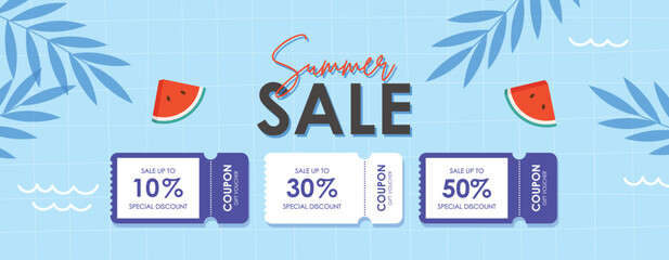 Fototapeta premium Summer Special Discount Coupon with Tropical Fruits and Leaves, Season summer Sale coupon. Sale flat template Tickets. For sale coupon. Minimalist pink coupon.