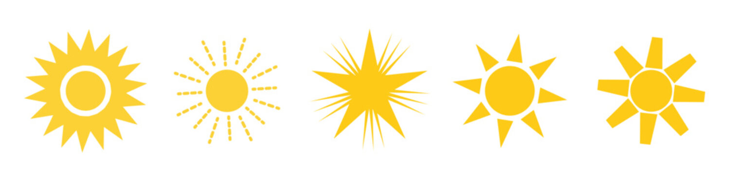 Yellow sun icons set, sunshine and solar glow, sunrise or sunset.Yellow sun rise over horison. 