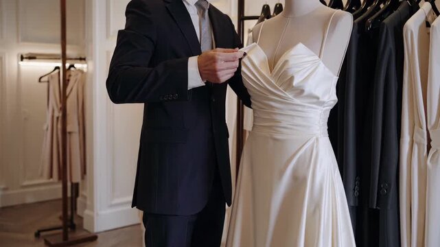 Gown Fitting Scene. Professional Designer Customizing Wedding Dress On Display Mannequin. Expert Tailor Measuring And Pinning Satin Fabric On Wedding Gown Mannequin In Elegant Boutique Setting