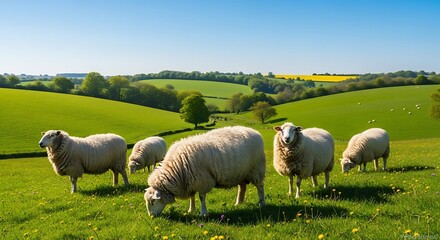 Fototapeta premium Group of sheep grazing on lush green pasture under a bright blue sky