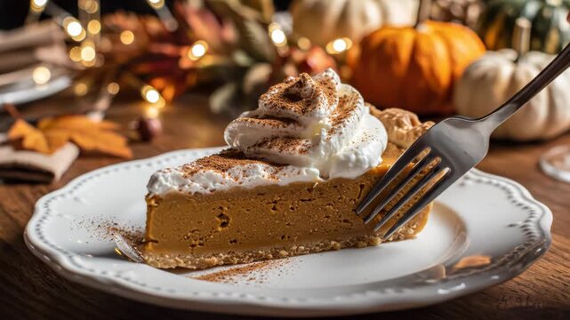 A slice of pumpkin pie with whipped cream on top, served on a white plate with a fork, surrounded by pumpkins and autumn leaves